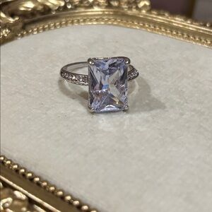 Silver tone Emerald Cut Solitaire Stone with Clear Faux Gemstone